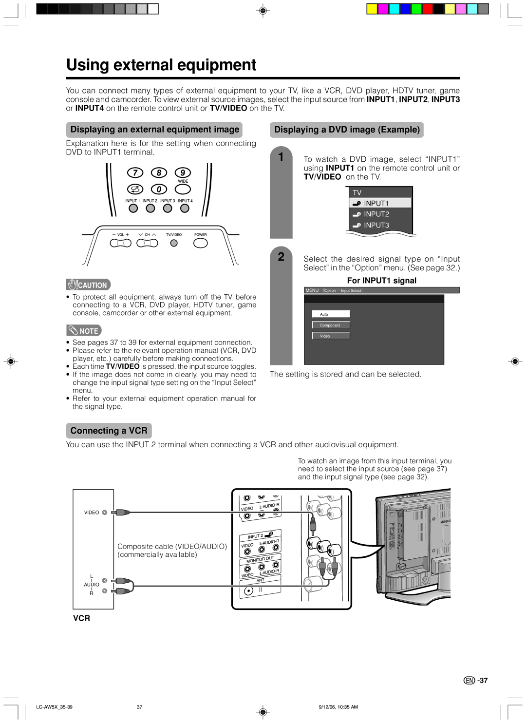 Sharp LC-37AW5X Using external equipment, Displaying an external equipment image, Displaying a DVD image Example 