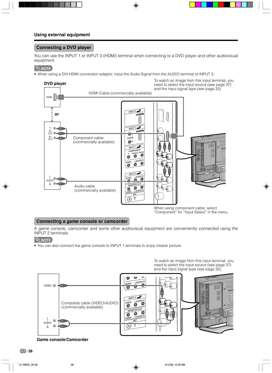 Sharp LC-32AW5X, LC-37AW5X Using external equipment Connecting a DVD player, Connecting a game console or camcorder 