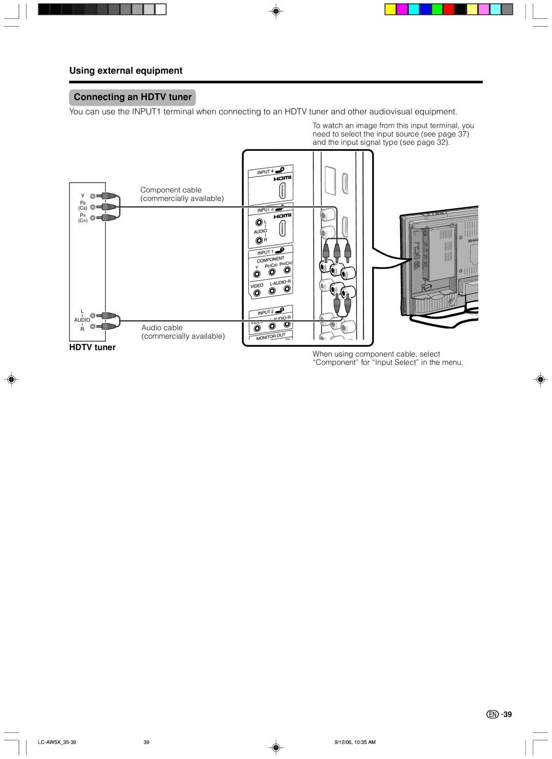 Sharp LC-37AW5X, LC-32AW5X operation manual Using external equipment Connecting an Hdtv tuner 