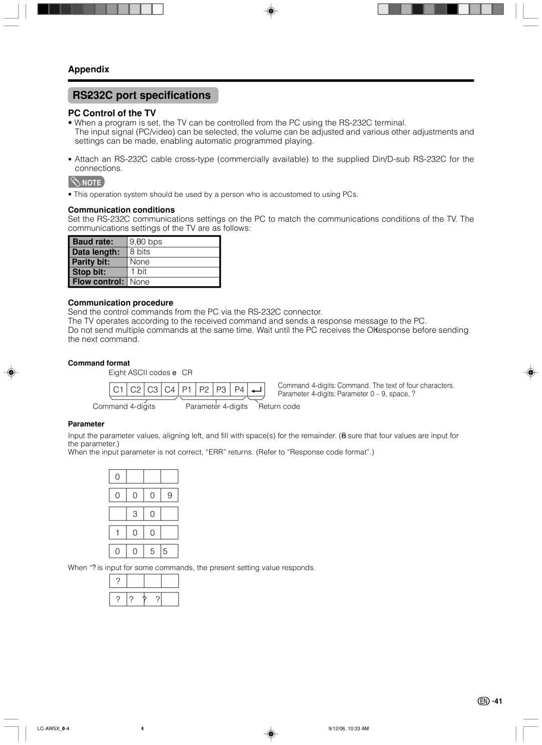 Sharp LC-37AW5X, LC-32AW5X RS-232C port specifications, Appendix, PC Control of the TV, Communication conditions 