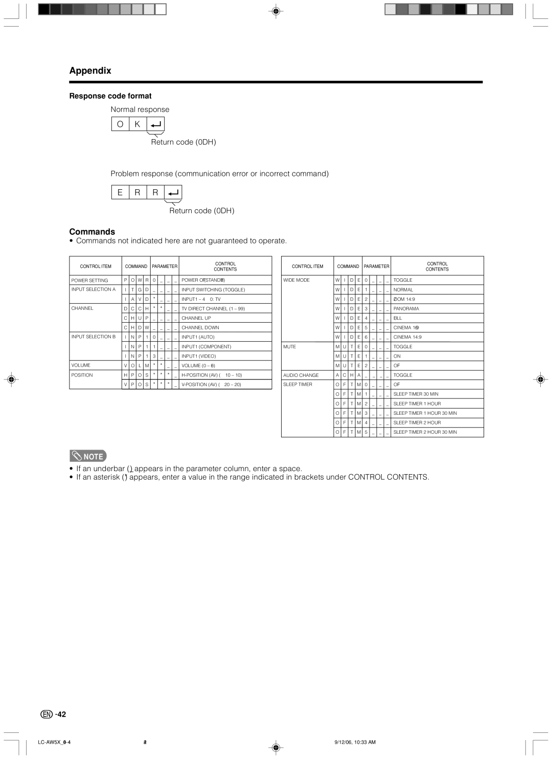 Sharp LC-32AW5X, LC-37AW5X operation manual Commands, Response code format 