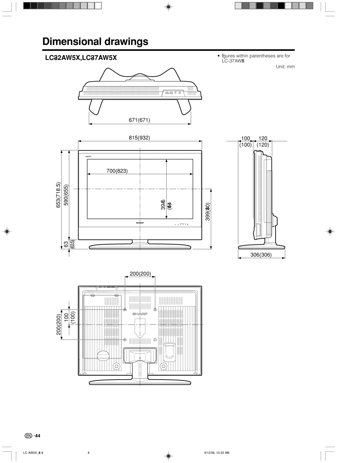 Sharp operation manual Dimensional drawings, LC-32AW5X, LC-37AW5X, 100 