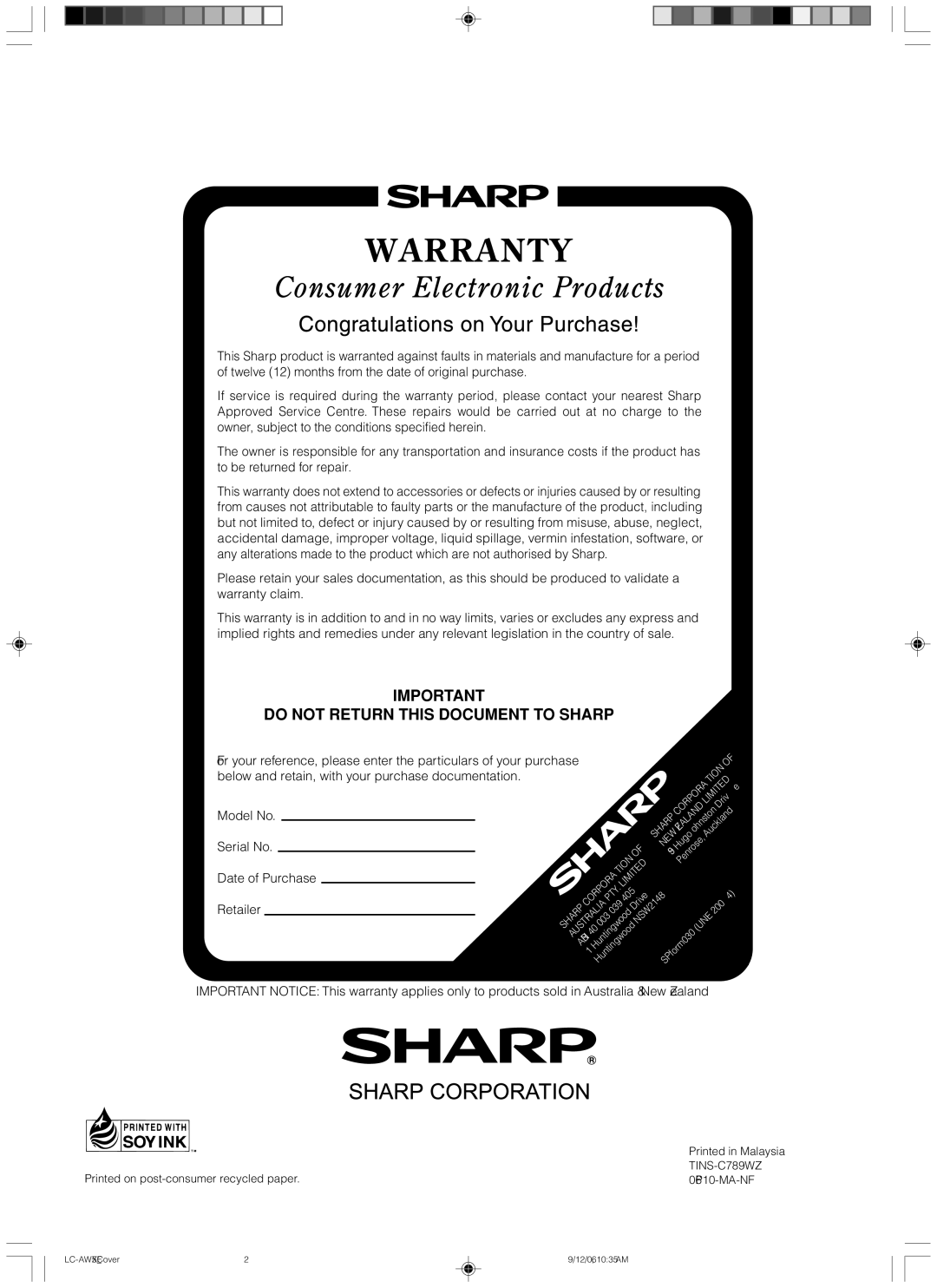 Sharp LC-32AW5X, LC-37AW5X operation manual Do not Return this Document to Sharp 