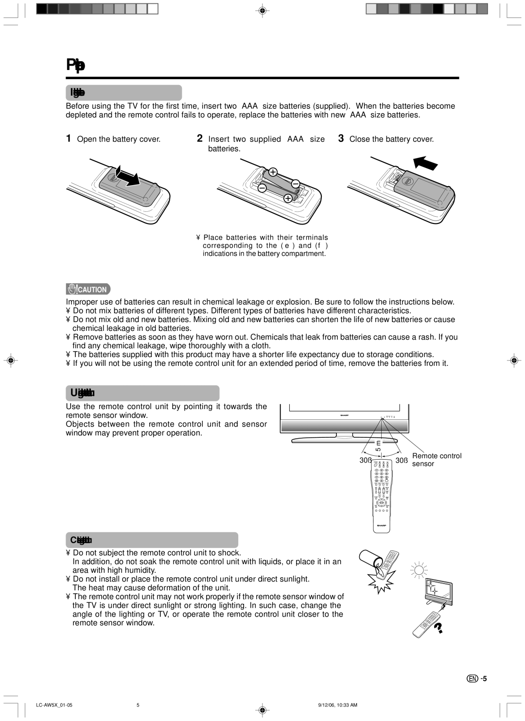 Sharp LC-37AW5X, LC-32AW5X operation manual Preparation, Inserting the batteries, Using the remote control unit 