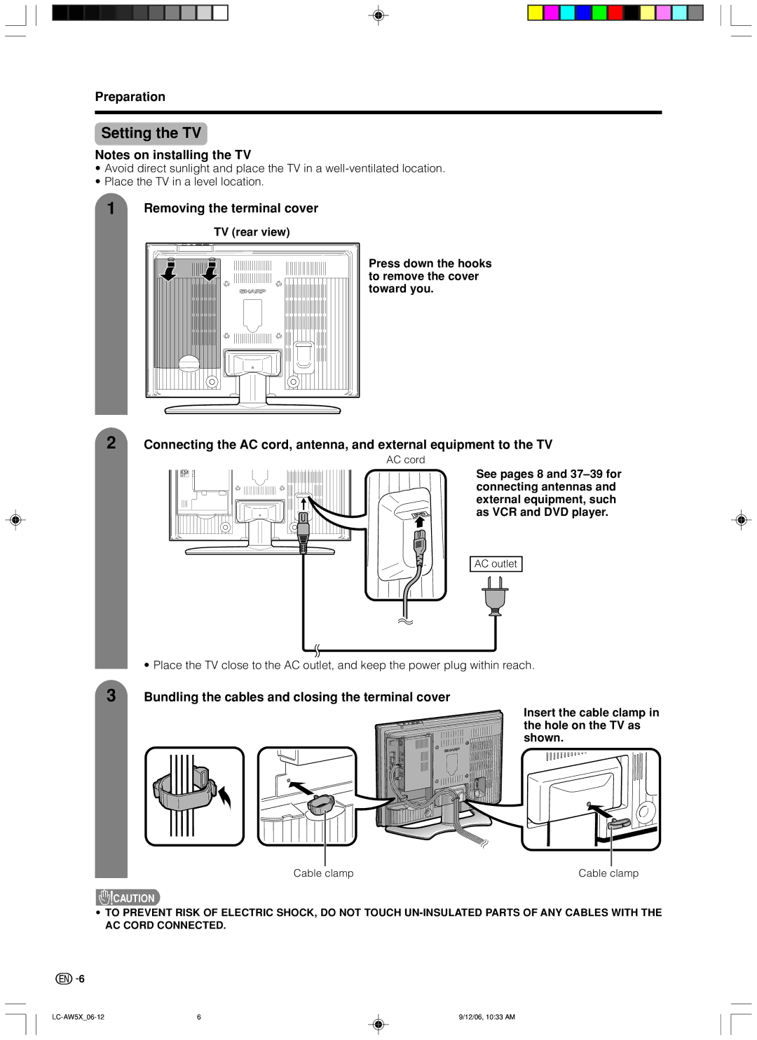 Sharp LC-32AW5X, LC-37AW5X operation manual Setting the TV, Preparation, Bundling the cables and closing the terminal cover 