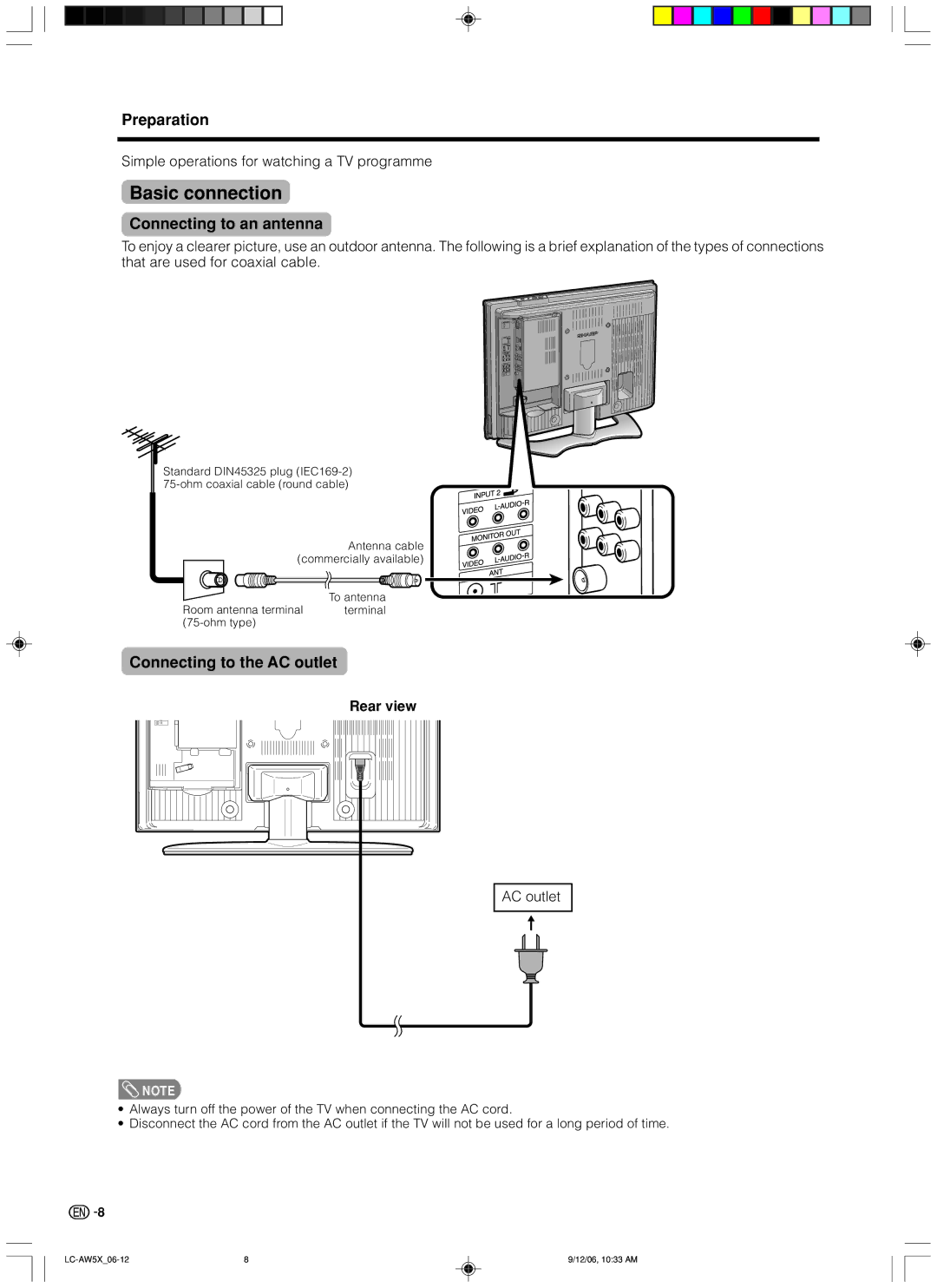 Sharp LC-32AW5X, LC-37AW5X Basic connection, Connecting to an antenna, Connecting to the AC outlet, Rear view 