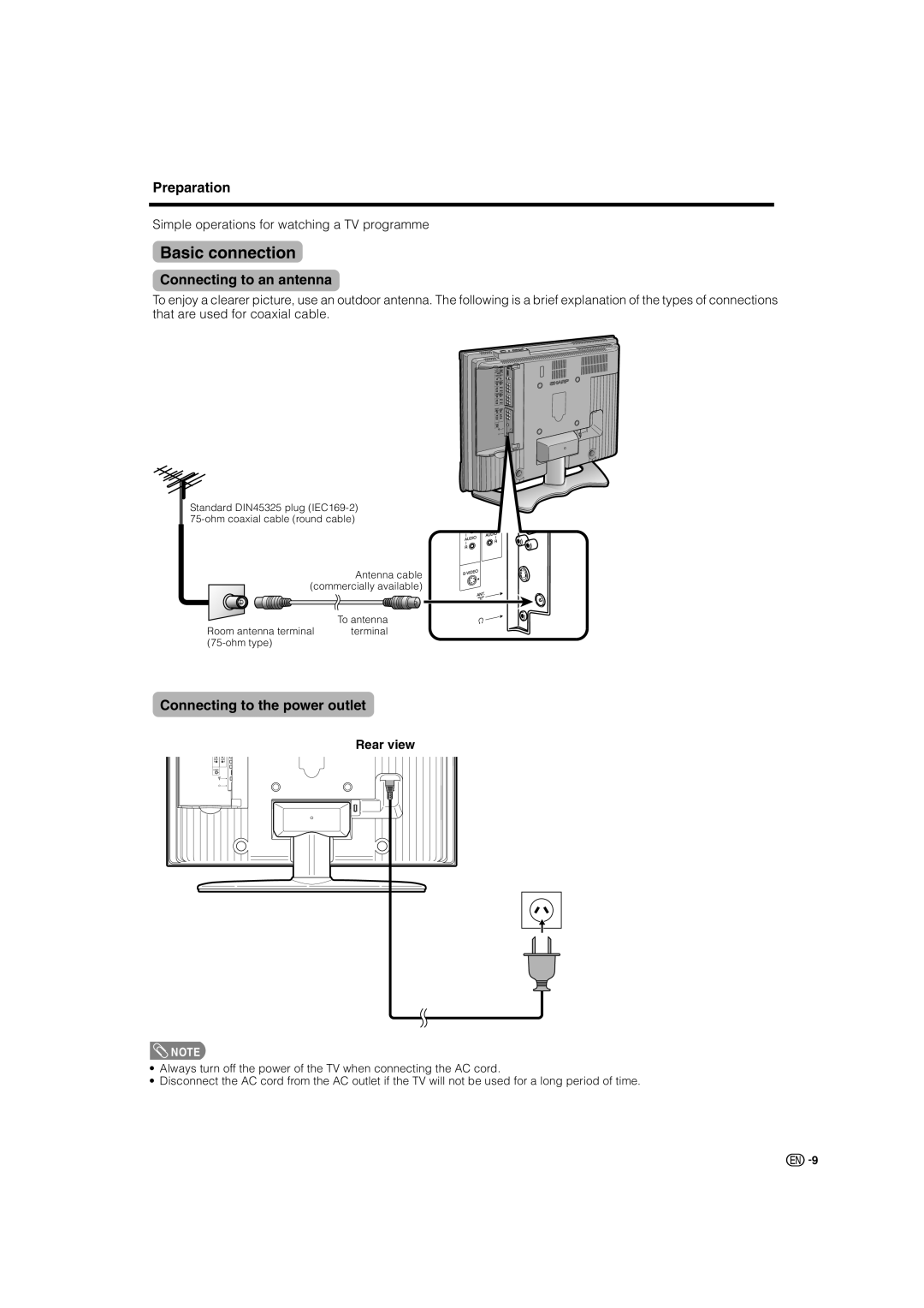 Sharp LC-37AX3X, LC-32AX3X Basic connection, Connecting to an antenna, Connecting to the power outlet, Rear view 