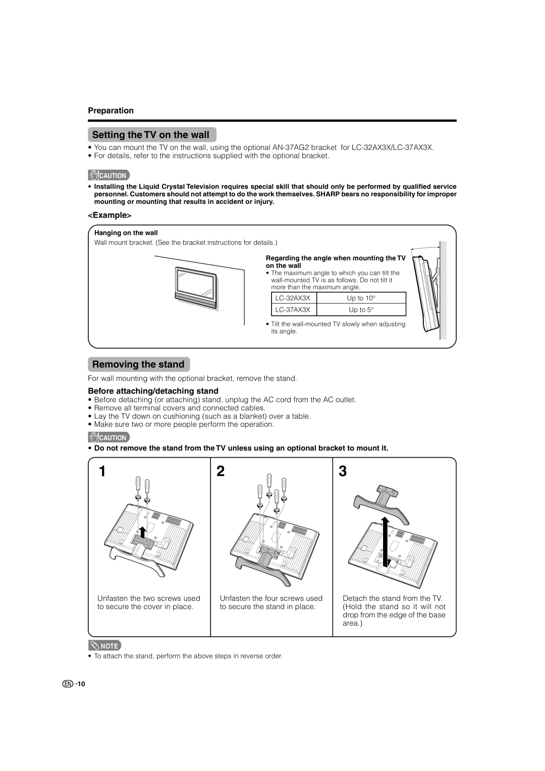 Sharp LC-32AX3X, LC-37AX3X Setting the TV on the wall, Removing the stand, Example, Before attaching/detaching stand 