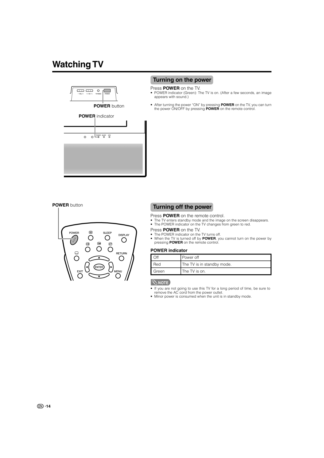 Sharp LC-32AX3X, LC-37AX3X Watching TV, Turning on the power, Turning off the power, Power button, Power indicator 
