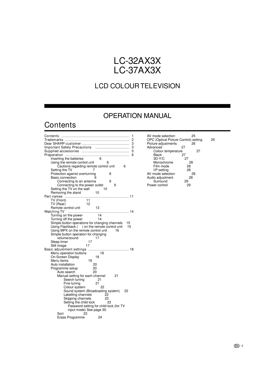 Sharp operation manual LC-32AX3X LC-37AX3X, Contents 