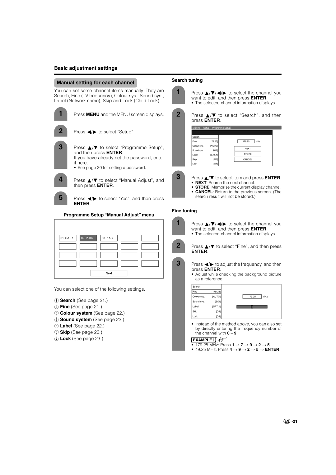 Sharp LC-37AX3X Basic adjustment settings Manual setting for each channel, Search tuning, Fine tuning, Colour system See 