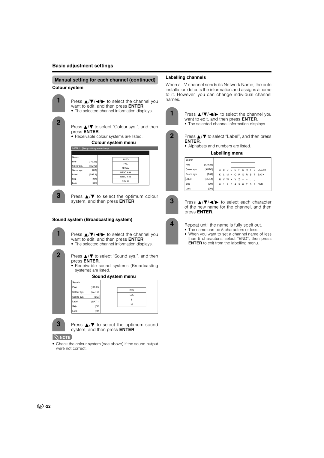 Sharp LC-32AX3X, LC-37AX3X operation manual Press a/bto select Colour sys., and then press Enter, Colour system menu 