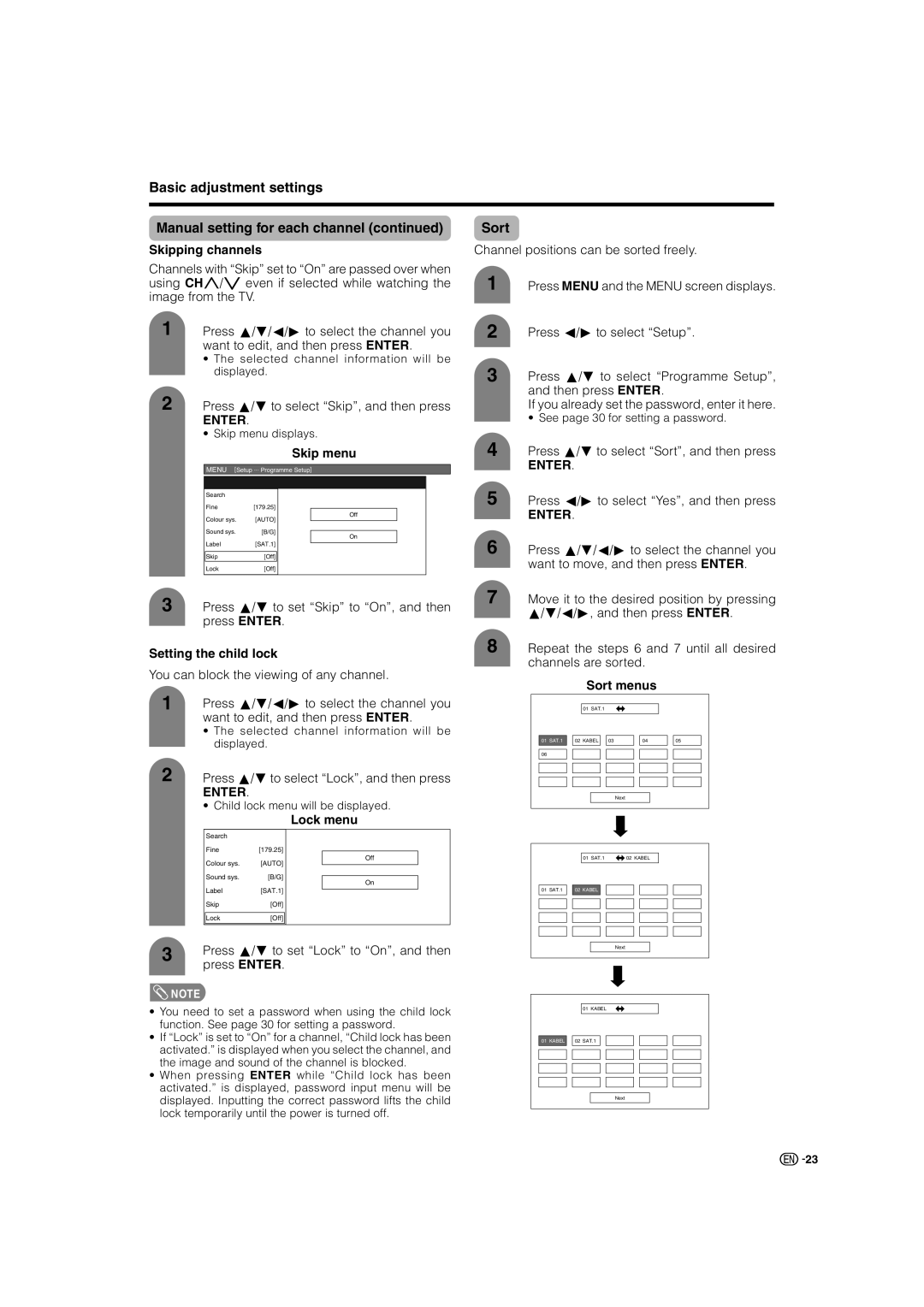 Sharp LC-37AX3X, LC-32AX3X operation manual Skipping channels, Skip menu, Setting the child lock, Sort menus, Lock menu 