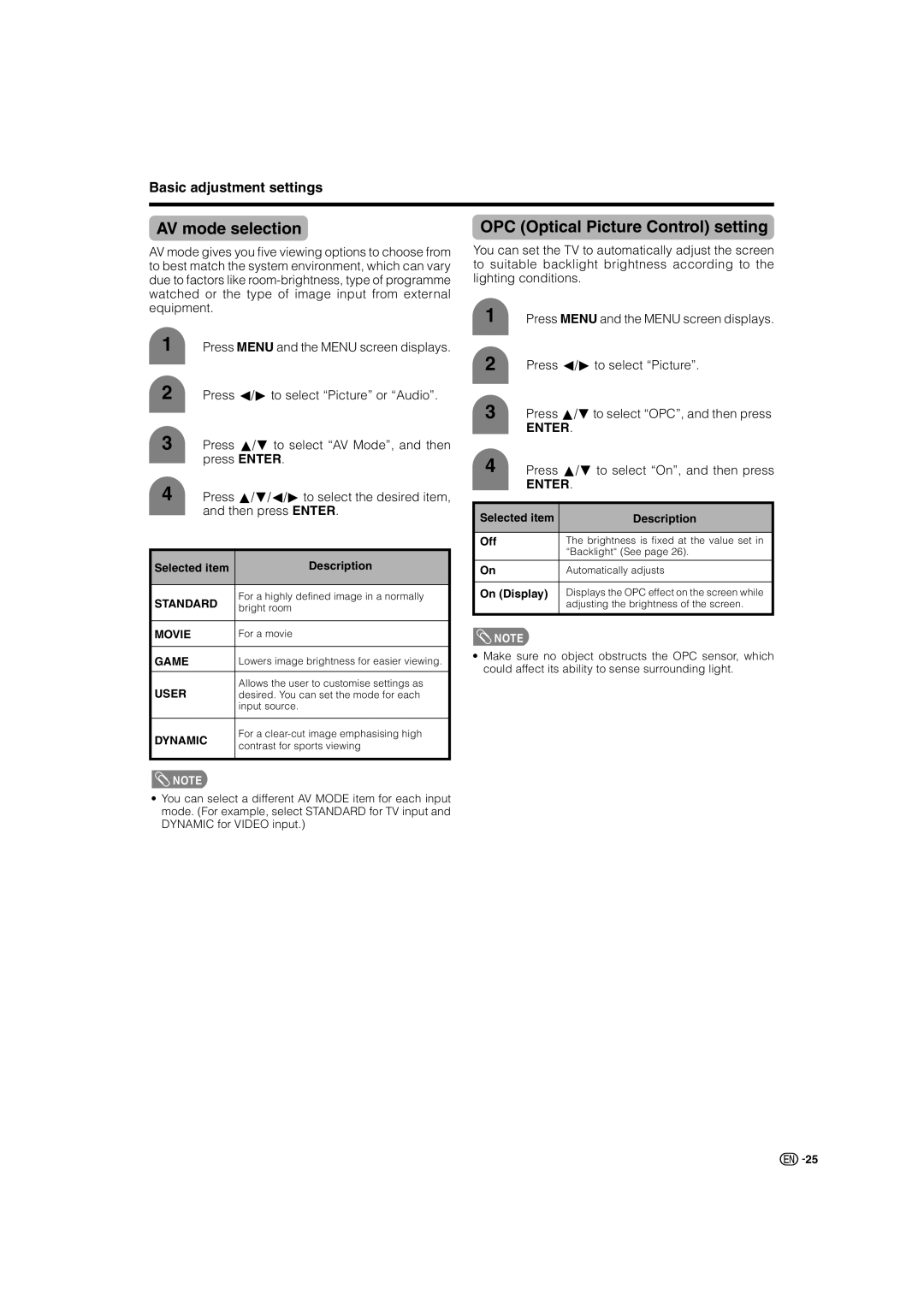 Sharp LC-37AX3X, LC-32AX3X AV mode selection, OPC Optical Picture Control setting, Press c/dto select Picture 