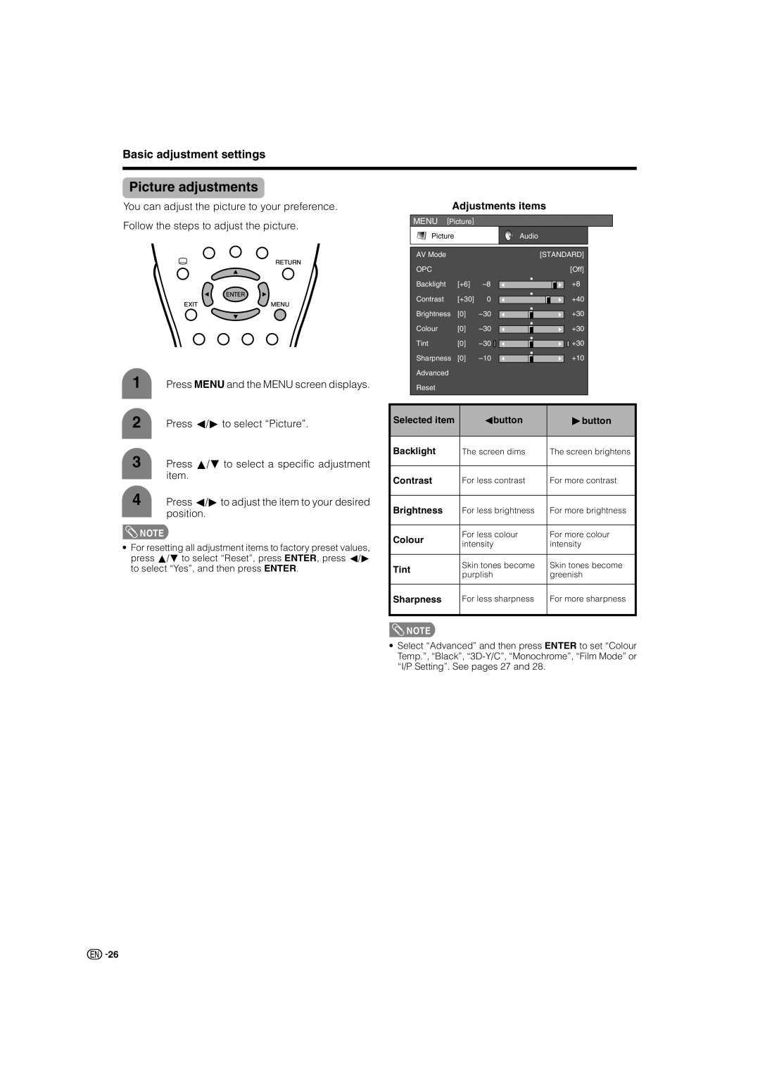 Sharp LC-32AX3X, LC-37AX3X operation manual Picture adjustments, Adjustments items, Selected item Cbutton Dbutton Backlight 