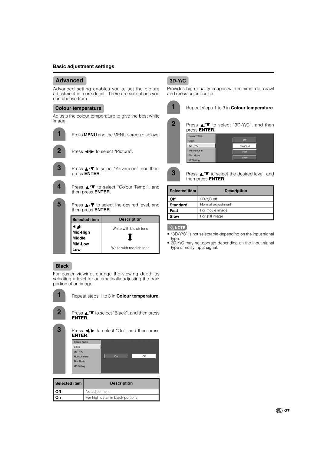 Sharp LC-37AX3X, LC-32AX3X operation manual Advanced, 3D-Y/C, Colour temperature, Black 