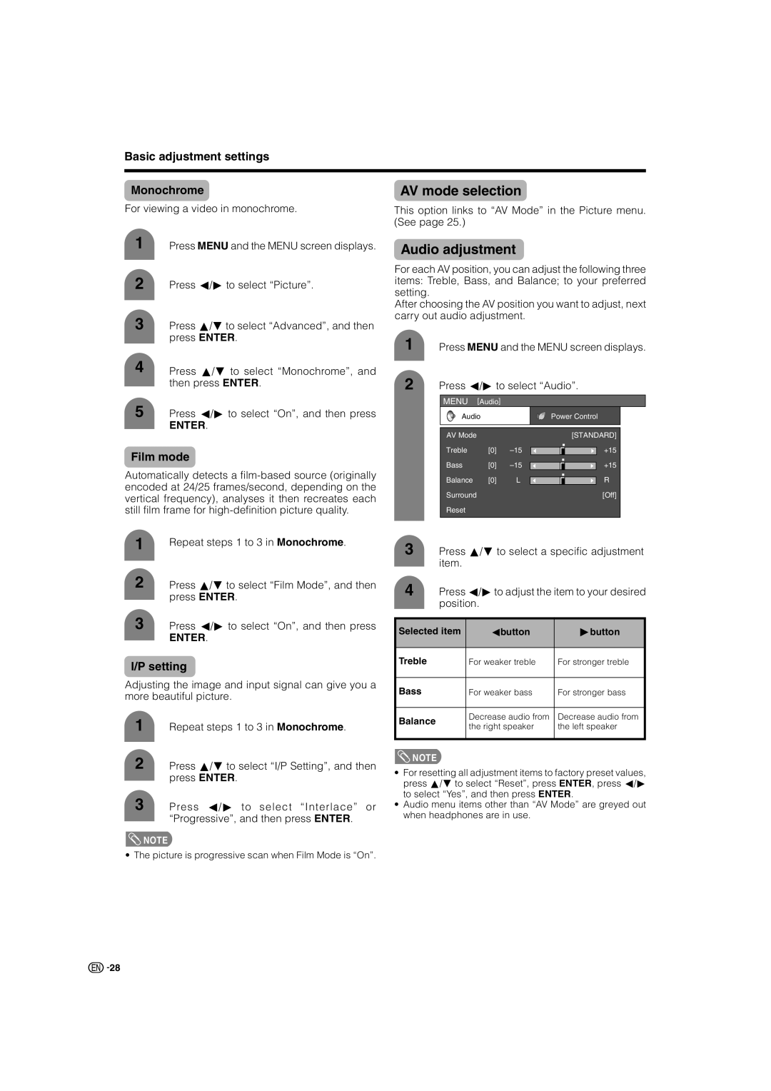 Sharp LC-32AX3X, LC-37AX3X operation manual Audio adjustment, Basic adjustment settings Monochrome, Film mode, Setting 