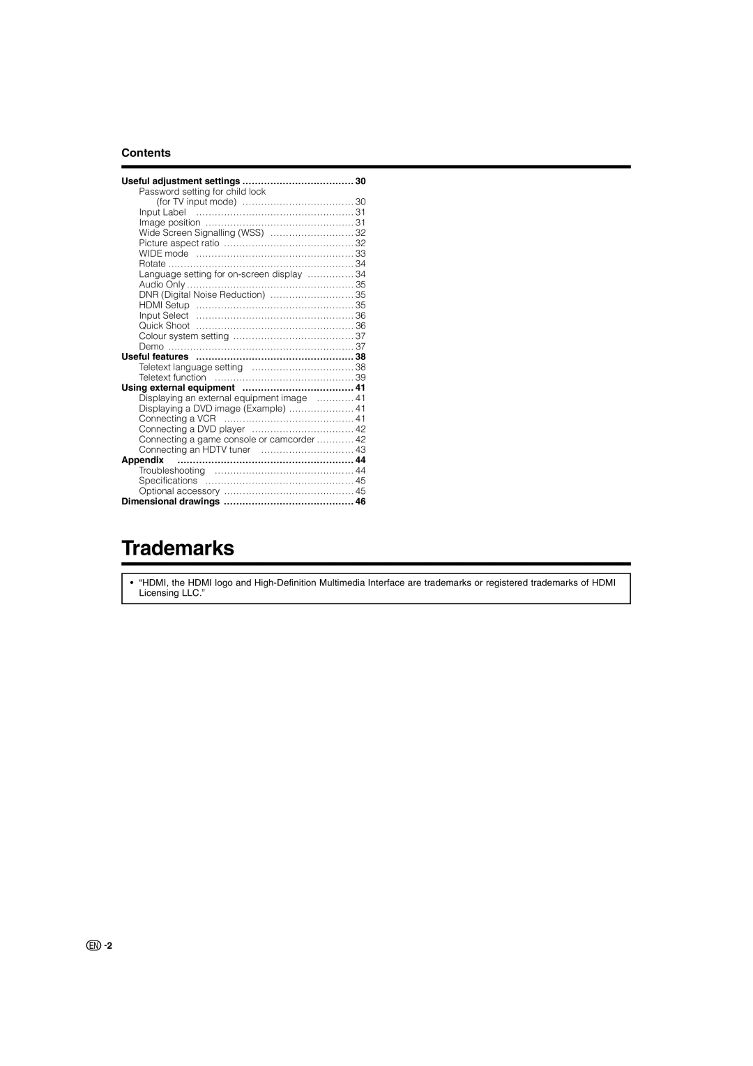 Sharp LC-32AX3X, LC-37AX3X operation manual Trademarks, Contents 