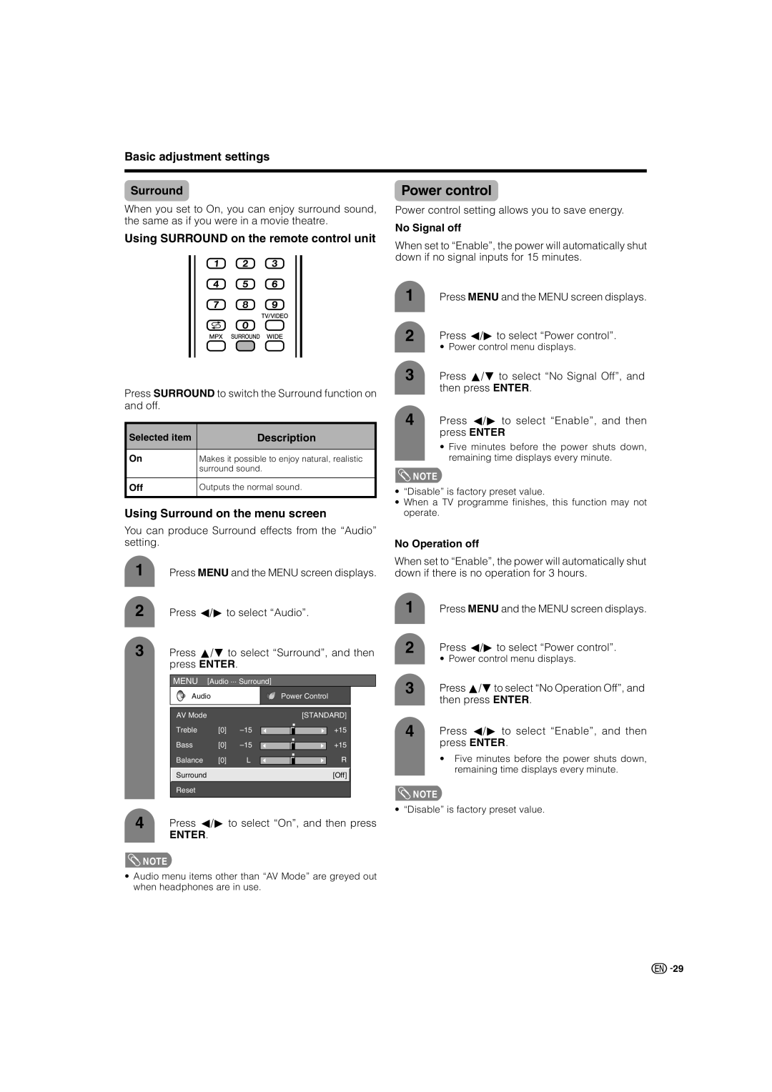 Sharp LC-37AX3X, LC-32AX3X Power control, Basic adjustment settings Surround, Using Surround on the remote control unit 