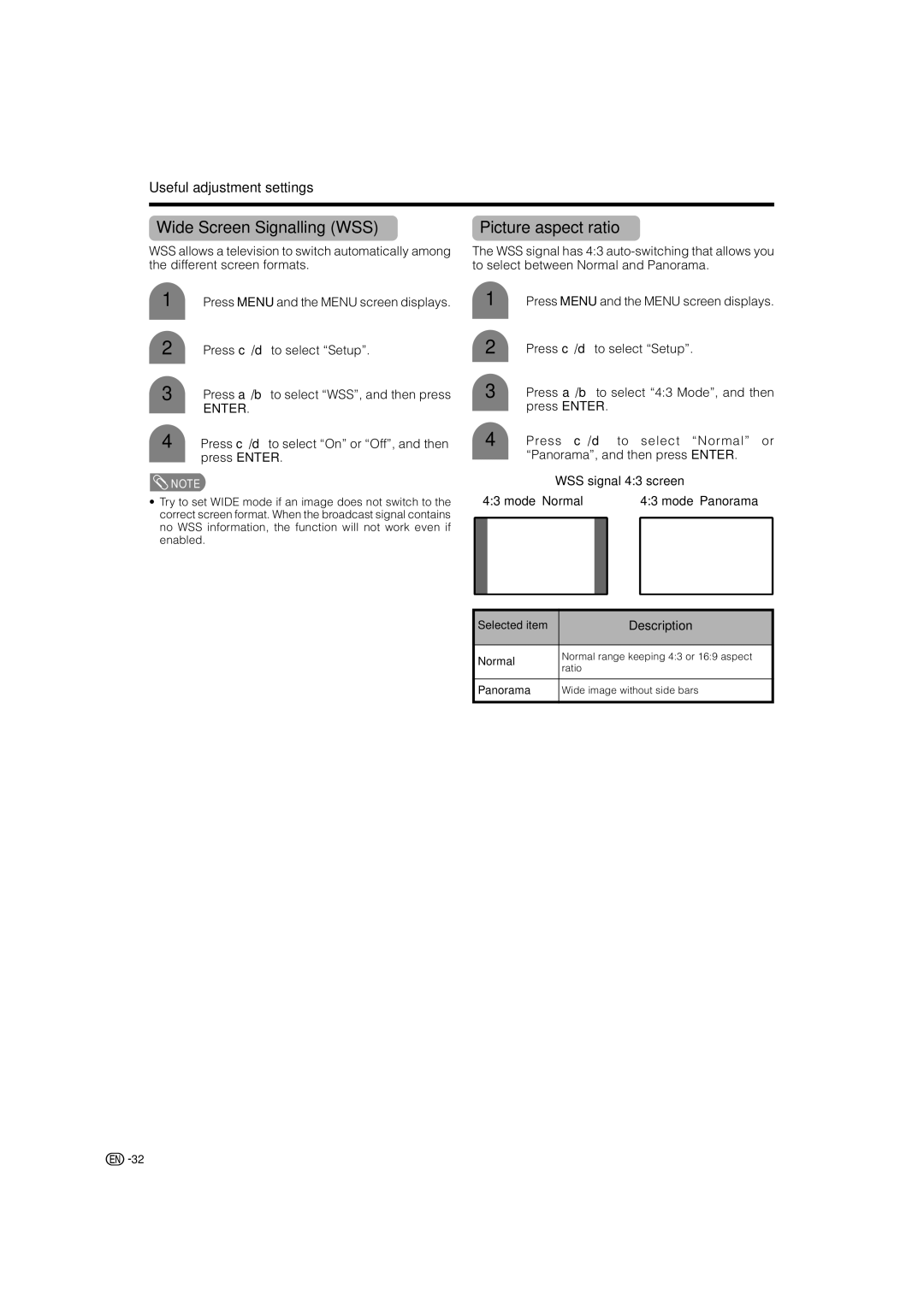 Sharp LC-32AX3X Wide Screen Signalling WSS, Picture aspect ratio, Press c/dto select On or Off, and then press Enter 