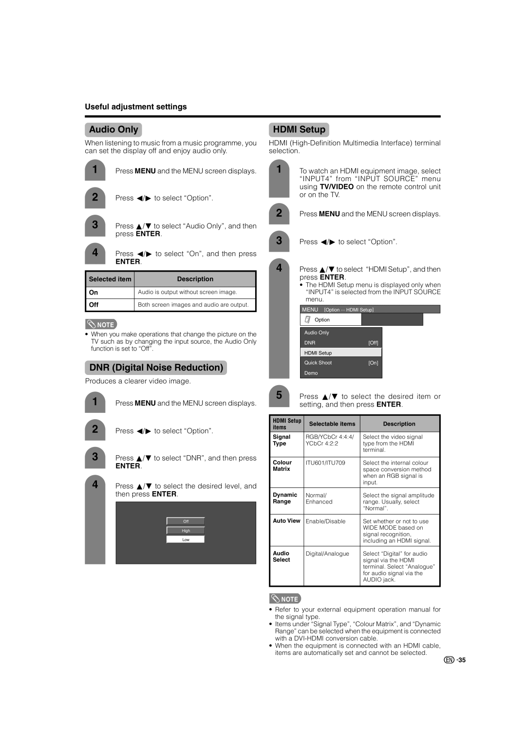 Sharp LC-37AX3X, LC-32AX3X operation manual Audio Only, DNR Digital Noise Reduction, Hdmi Setup 