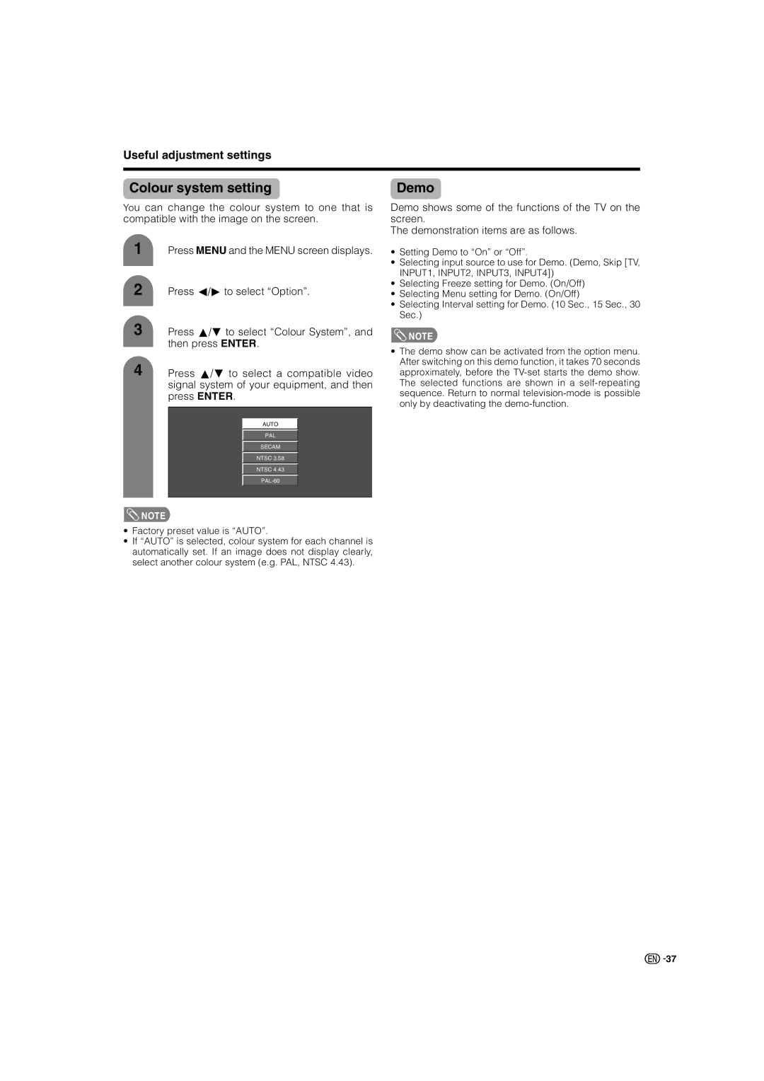 Sharp LC-37AX3X, LC-32AX3X operation manual Colour system setting, Demo 