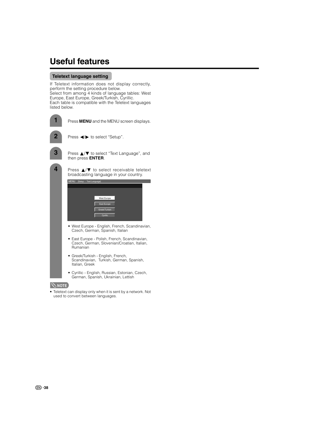 Sharp LC-32AX3X, LC-37AX3X operation manual Useful features, Teletext language setting 