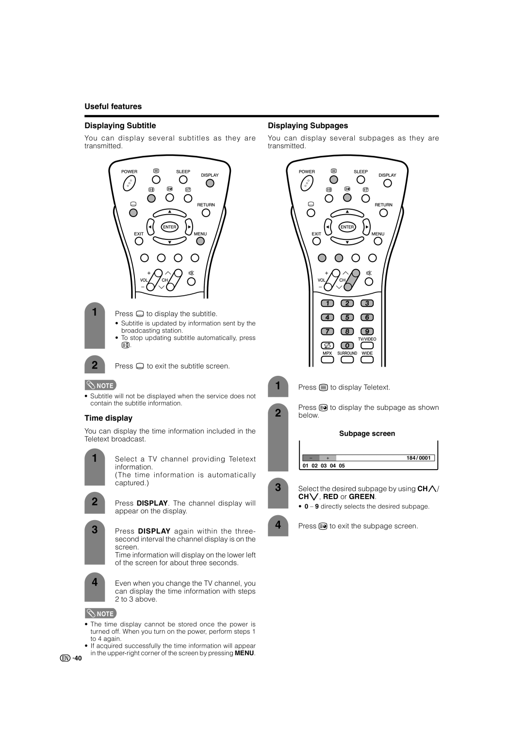 Sharp LC-32AX3X, LC-37AX3X Useful features Displaying Subtitle, Displaying Subpages, Time display, Subpage screen 