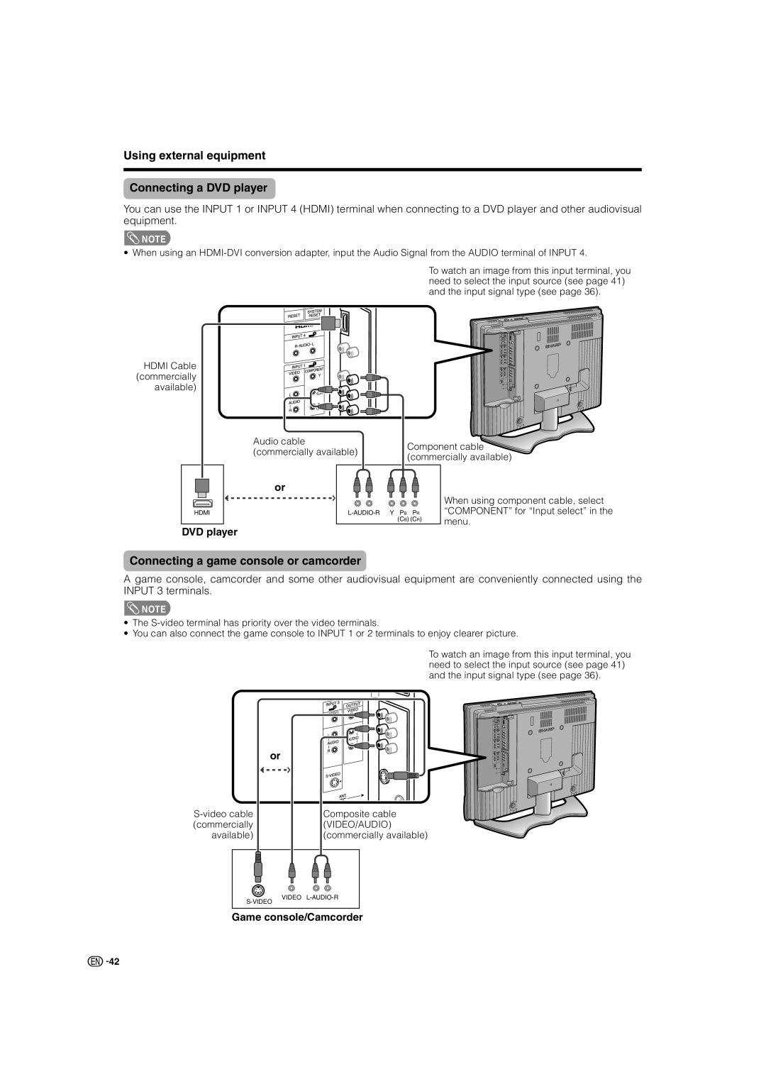 Sharp LC-32AX3X, LC-37AX3X Using external equipment Connecting a DVD player, Connecting a game console or camcorder 