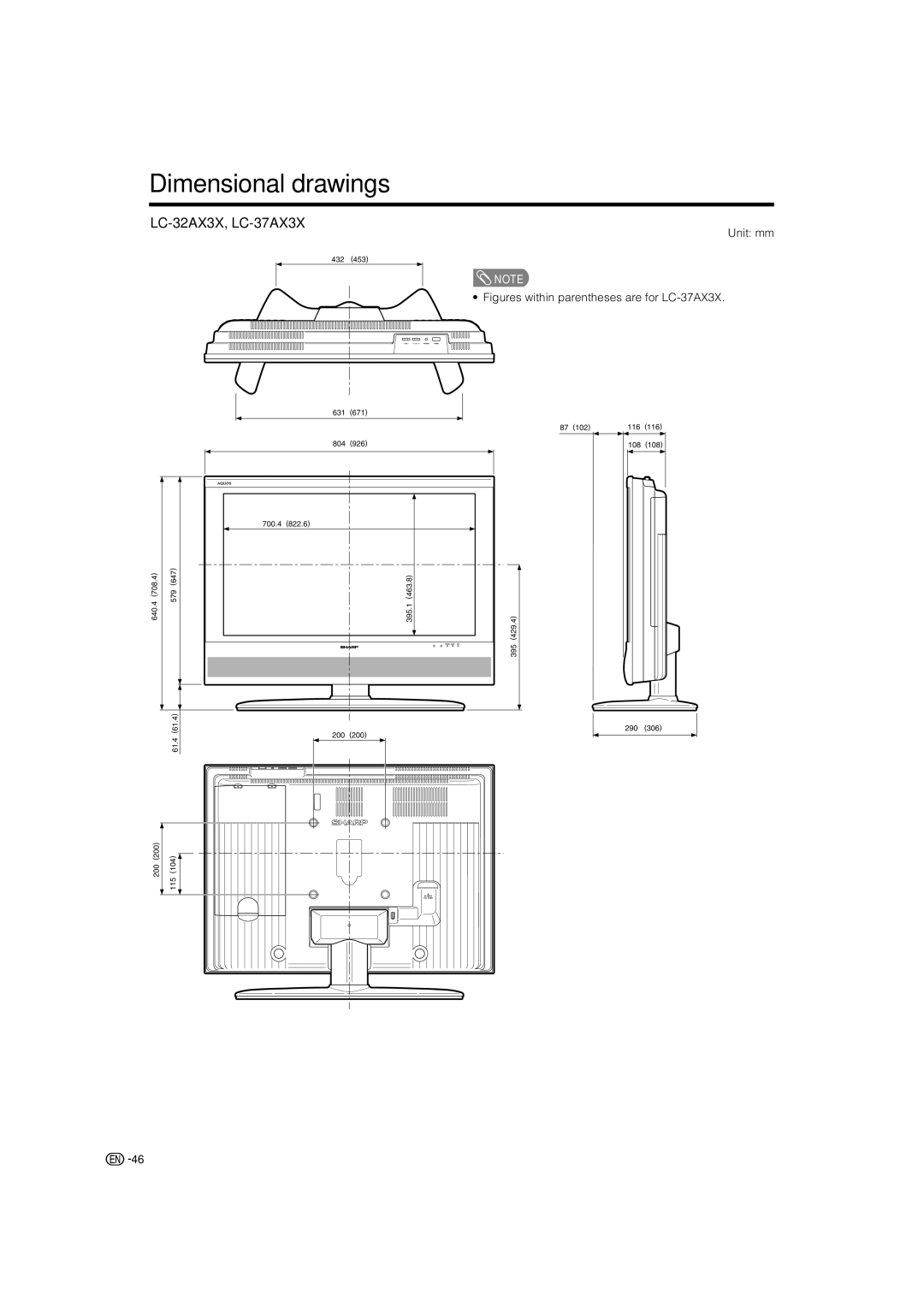 Sharp operation manual Dimensional drawings, LC-32AX3X, LC-37AX3X 