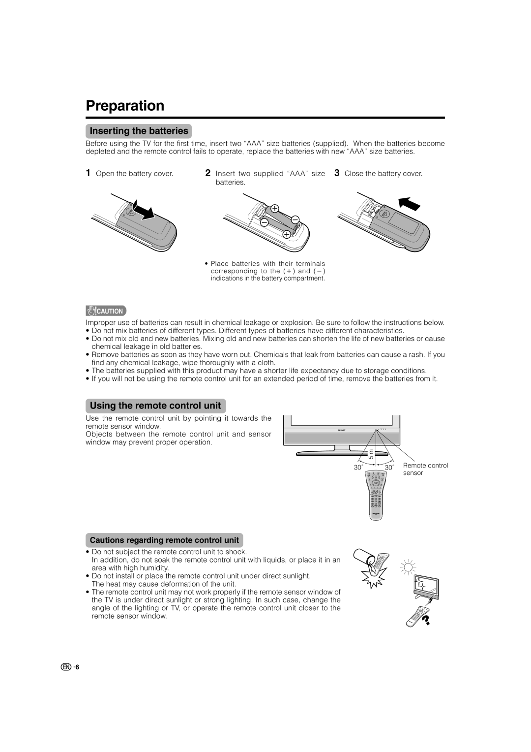 Sharp LC-32AX3X, LC-37AX3X operation manual Preparation, Inserting the batteries, Using the remote control unit 