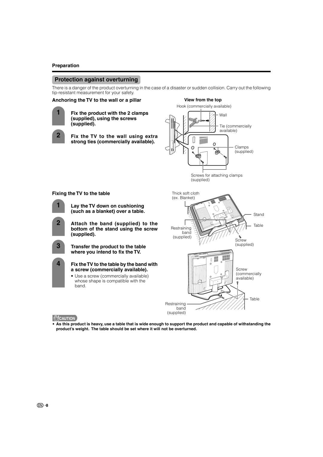 Sharp LC-32AX3X, LC-37AX3X operation manual Protection against overturning, Bottom of the stand using the screw supplied 