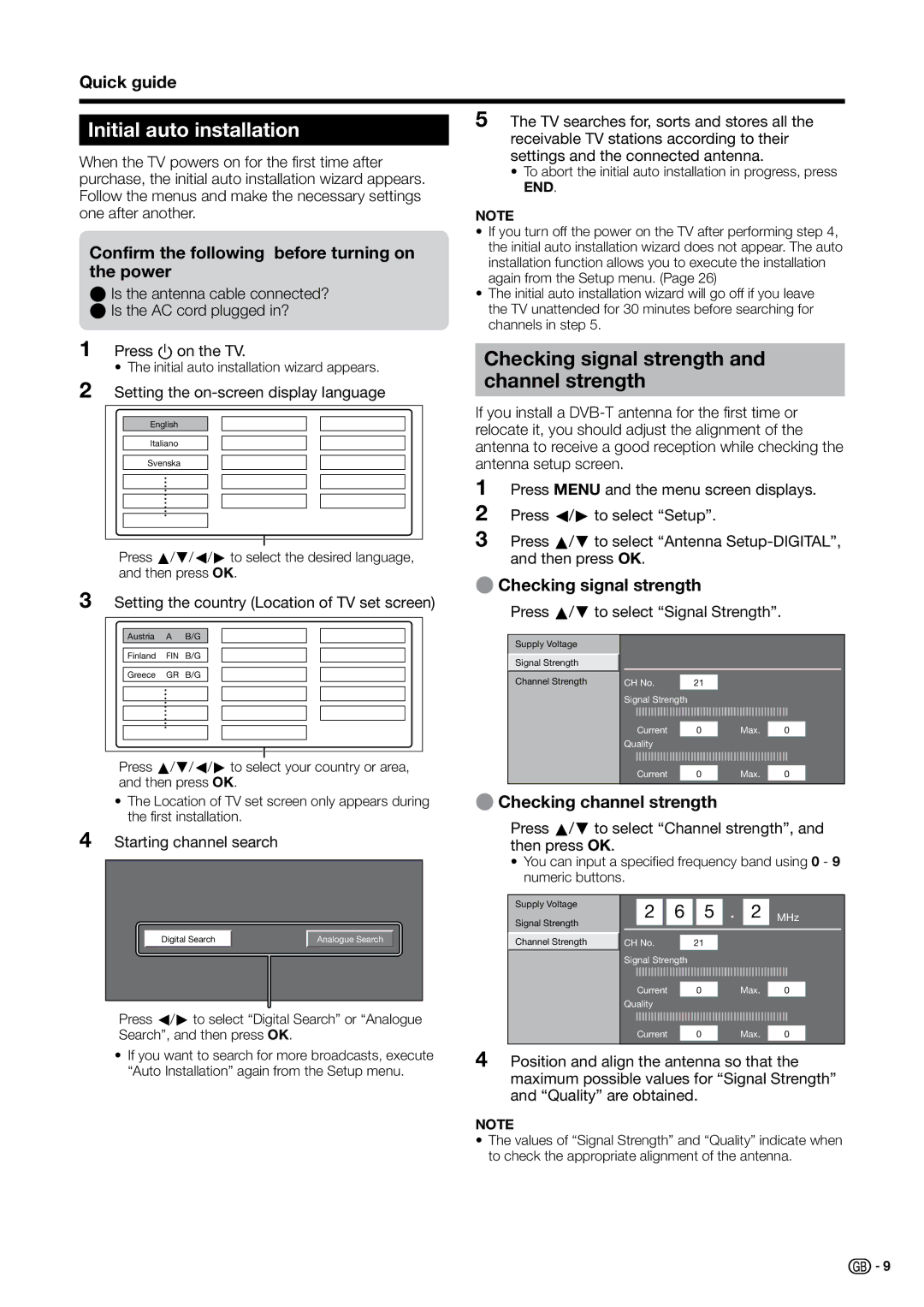 Sharp LC-37G20S Initial auto installation, Checking signal strength and channel strength, EChecking signal strength 