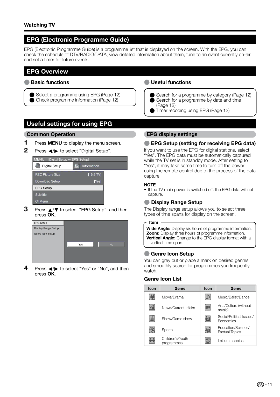 Sharp LC-32G20E, LC-37B20S, LC-37G20E, LC-37B20E EPG Electronic Programme Guide, EPG Overview, Useful settings for using EPG 