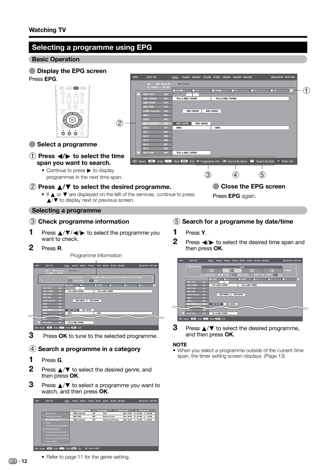 Sharp LC-32B20S Selecting a programme using EPG, Basic Operation EDisplay the EPG screen, Search a programme in a category 