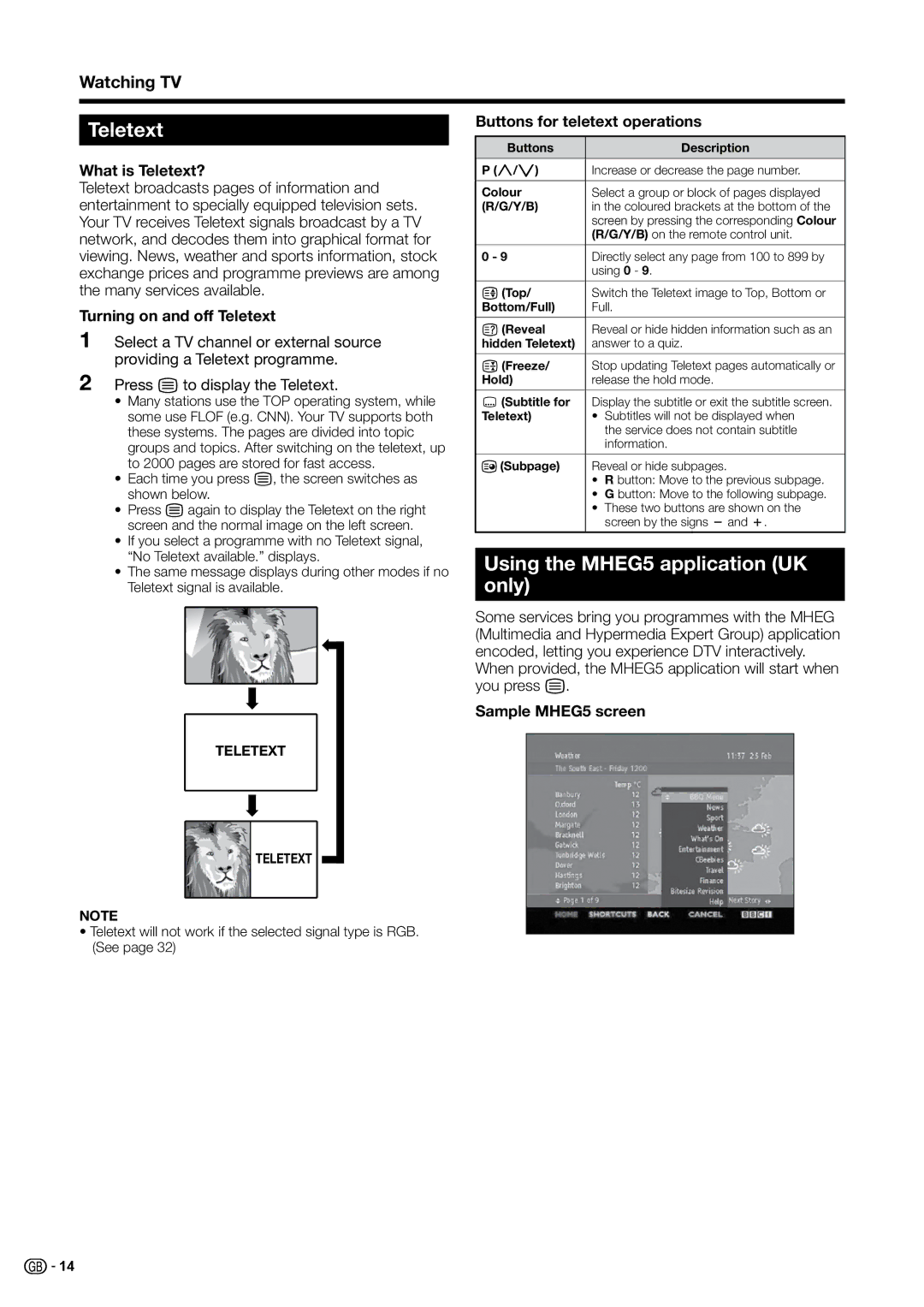Sharp LC-37B20S, LC-37G20E, LC-37B20E, LC-37G20S, LC-32G20S, LC-32G20E, LC-32B20S Teletext, Using the MHEG5 application UK only 