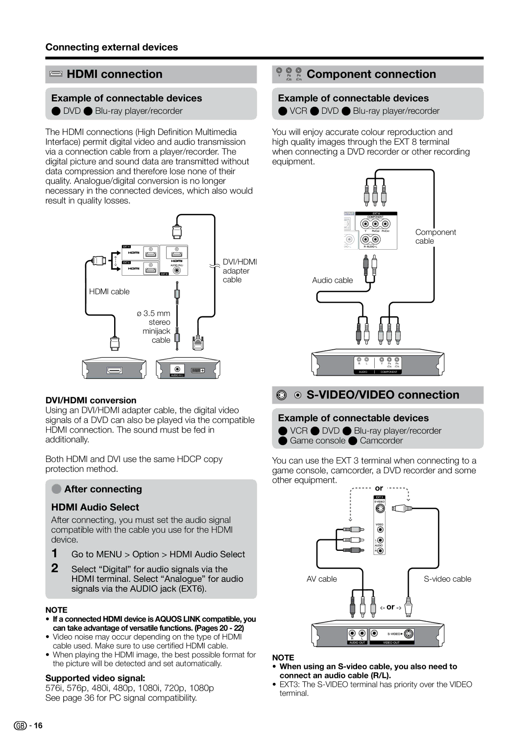 Sharp LC-37B20E, LC-37B20S Hdmi connection C R Component connection, VIDEO/VIDEO connection, Connecting external devices 