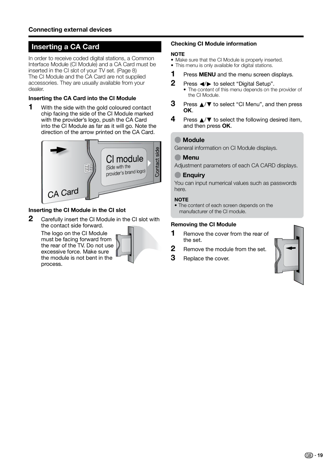 Sharp LC-32G20E, LC-37B20S, LC-37G20E, LC-37B20E, LC-37G20S, LC-32G20S, LC-32B20S Inserting a CA Card, Module, Menu, Enquiry 