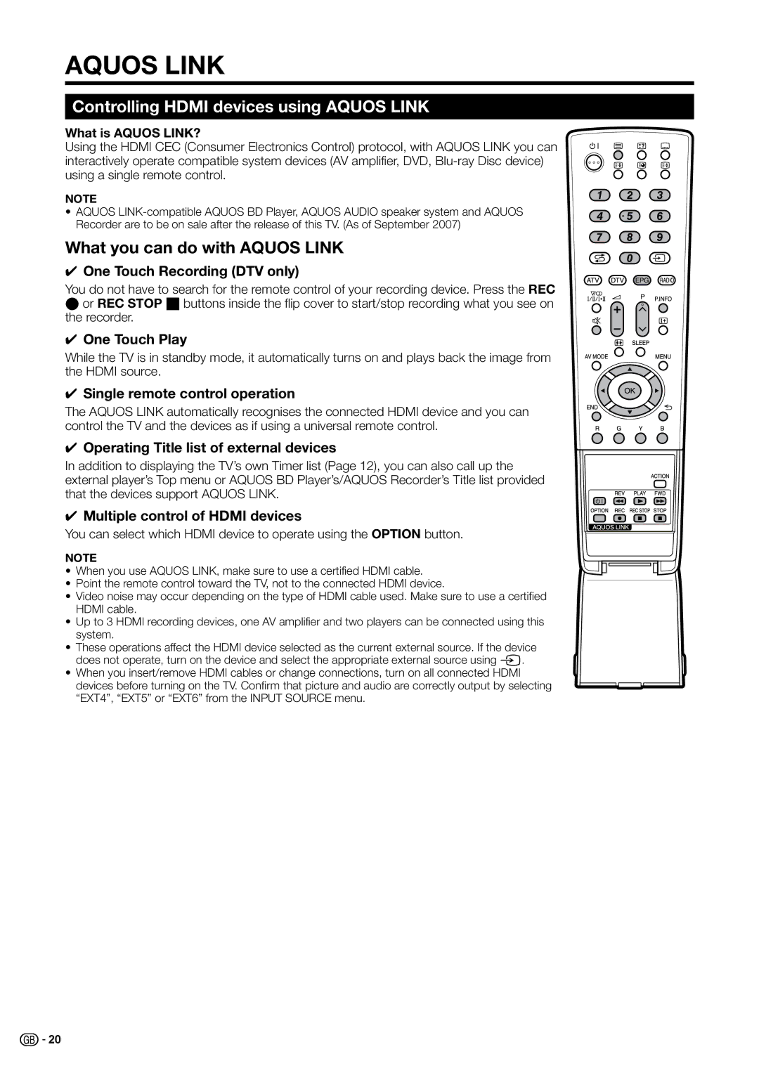 Sharp LC-32B20S, LC-37B20S, LC-37G20E, LC-37B20E Controlling Hdmi devices using Aquos Link, What you can do with Aquos Link 