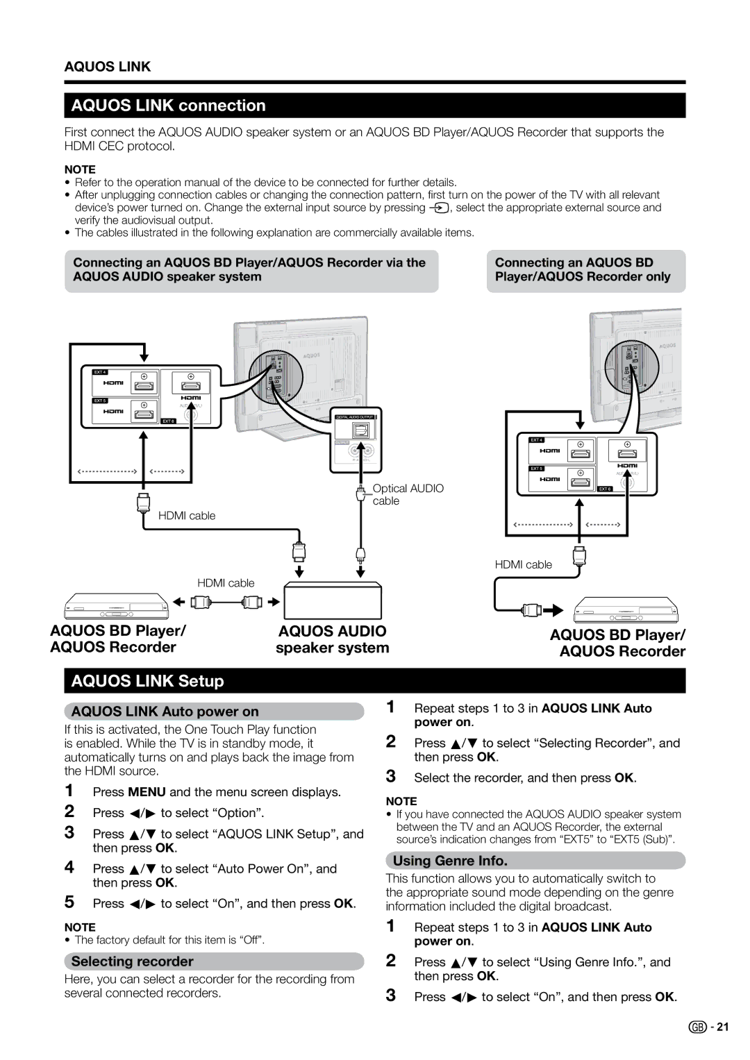 Sharp LC-32B20E Aquos Link connection, Aquos Link Setup, Aquos Link Auto power on, Selecting recorder, Using Genre Info 