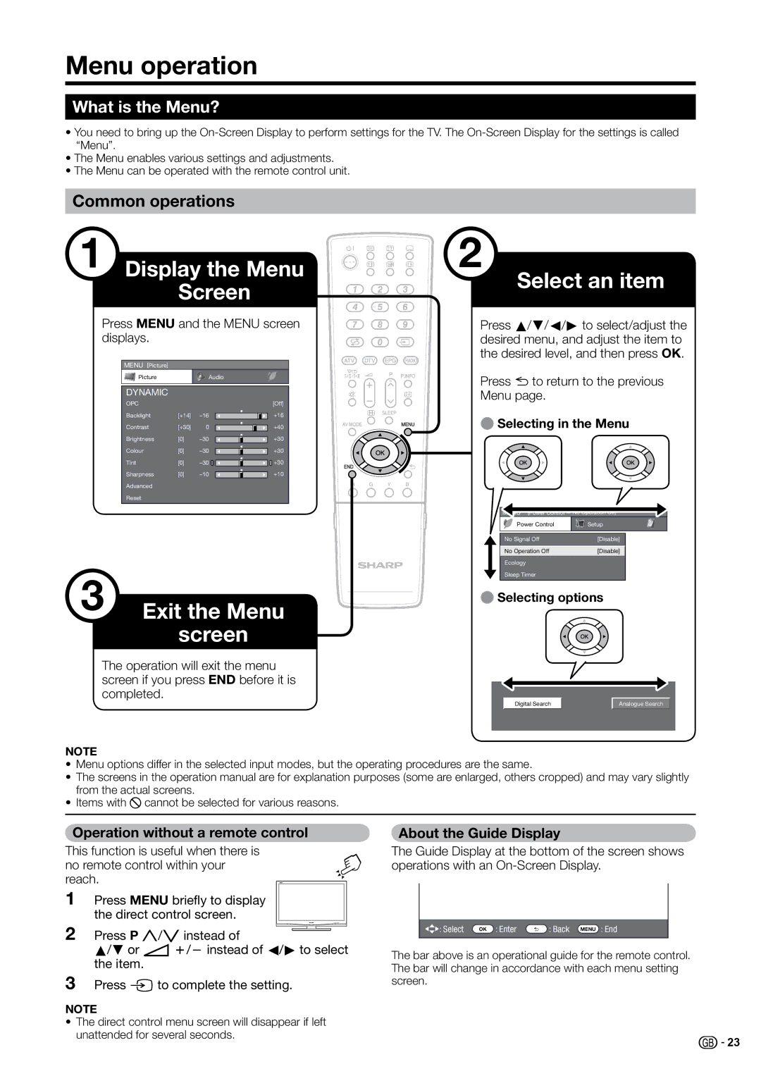 Sharp LC-37G20E, LC-37B20S Menu operation, What is the Menu?, Common operations, Operation without a remote control 