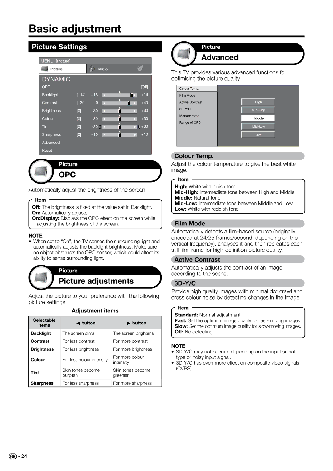 Sharp LC-37B20E, LC-37B20S, LC-37G20E, LC-37G20S, LC-32G20S Basic adjustment, Picture adjustments, Advanced, Picture Settings 