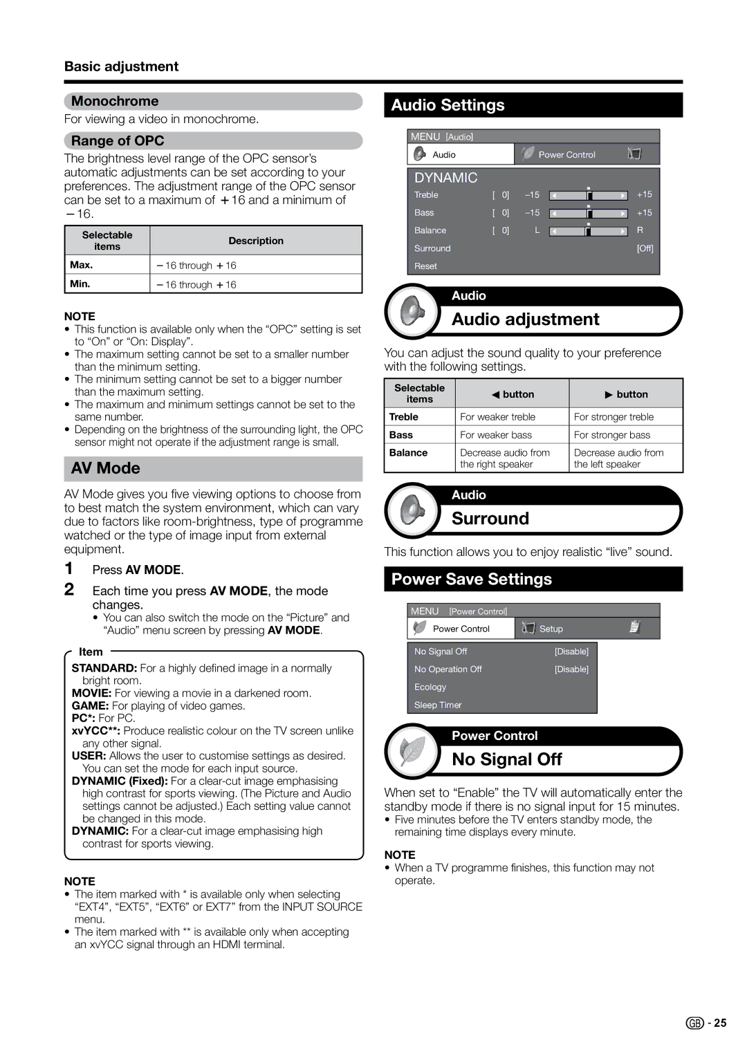 Sharp LC-37G20S, LC-37B20S, LC-37G20E Audio adjustment, Surround, No Signal Off, Audio Settings, Power Save Settings 