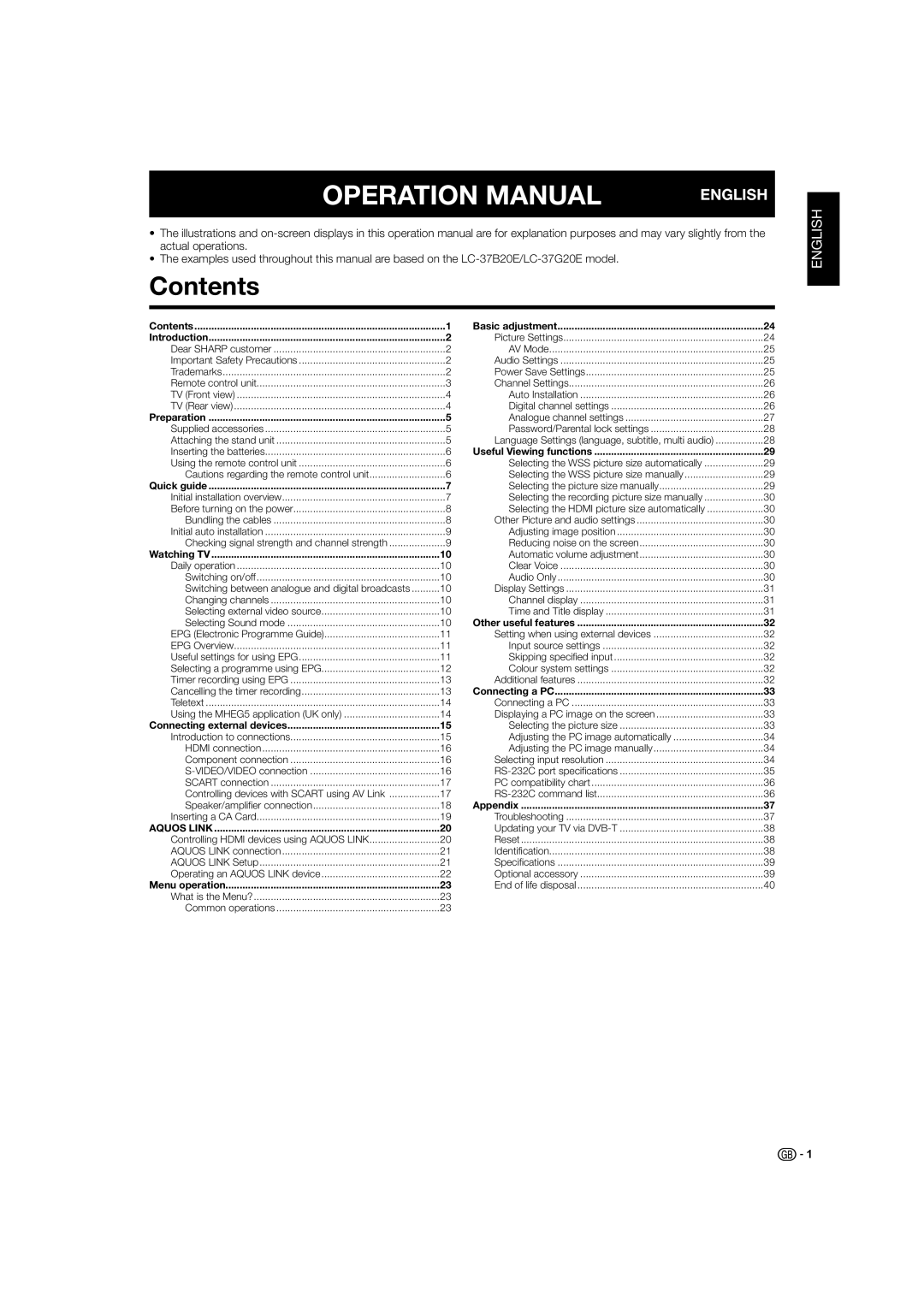 Sharp LC-37G20S, LC-37B20S, LC-37G20E, LC-37B20E, LC-32G20S, LC-32G20E, LC-32B20S, LC-32B20E operation manual Contents 