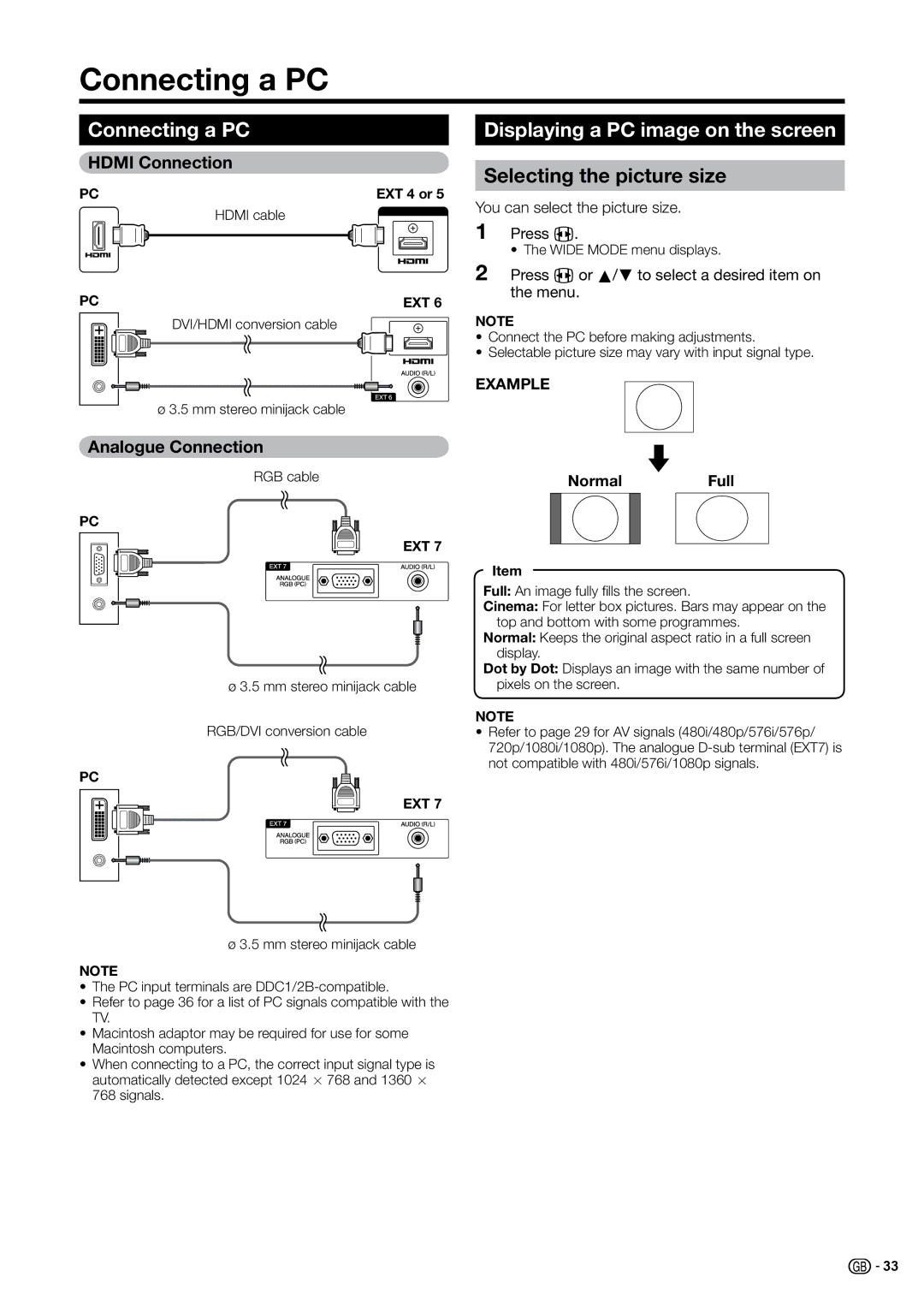 Sharp LC-37G20S, LC-37B20S, LC-37G20E Connecting a PC, Displaying a PC image on the screen, Selecting the picture size 