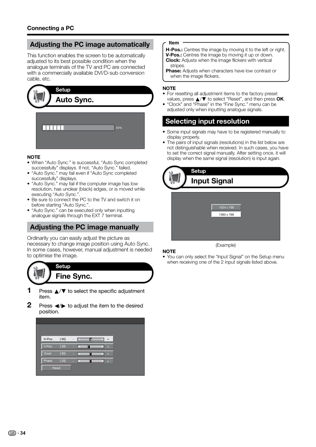 Sharp LC-32G20S, LC-37B20S, LC-37G20E, LC-37B20E, LC-37G20S Auto Sync, Fine Sync, Input Signal, Selecting input resolution 