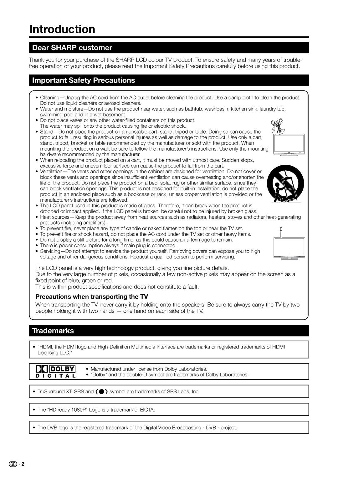 Sharp LC-32G20S, LC-37B20S, LC-37G20E, LC-37B20E Introduction, Dear Sharp customer, Important Safety Precautions, Trademarks 