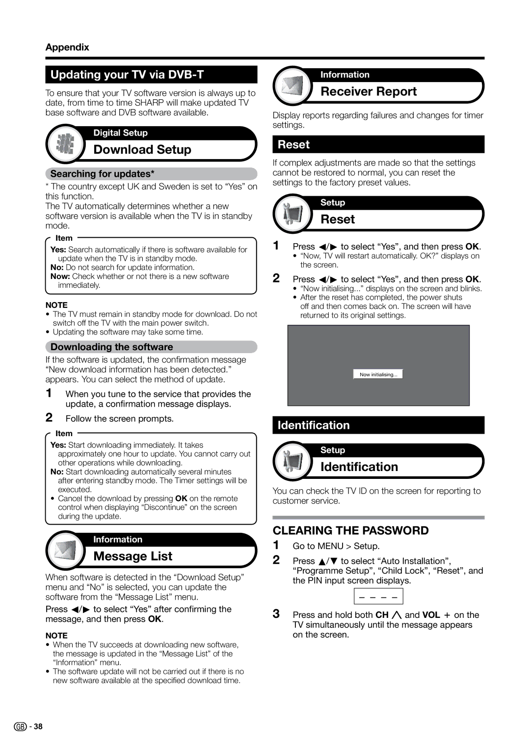 Sharp LC-37B20S, LC-37G20E, LC-37B20E, LC-37G20S Download Setup, Message List, Receiver Report, Reset, Identification 