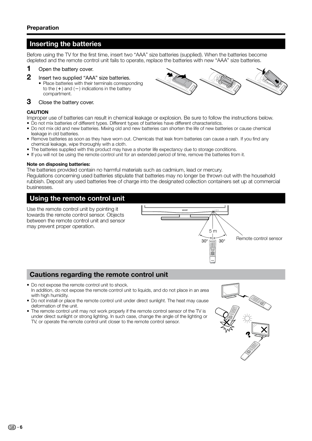 Sharp LC-37B20S, LC-37G20E, LC-37B20E, LC-37G20S Inserting the batteries, Using the remote control unit, Preparation 