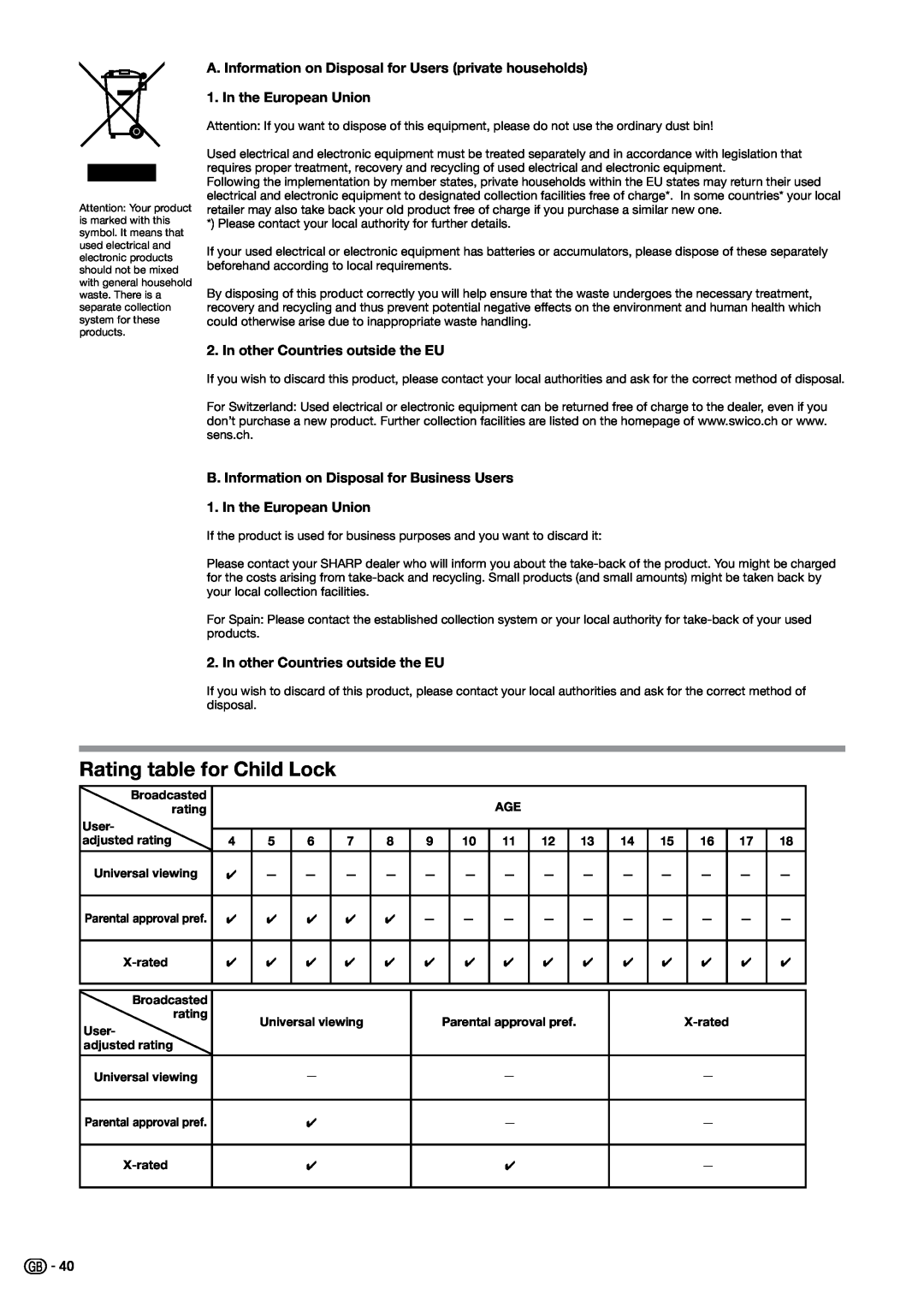Sharp LC-37B20E, LC-37B20S, LC-37G20E Rating table for Child Lock, A. Information on Disposal for Users private households 